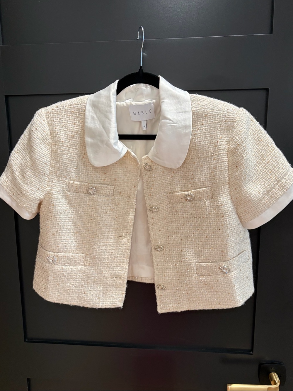 MABLE Cream Tweed Short Sleeve Jacket with Satin Collar